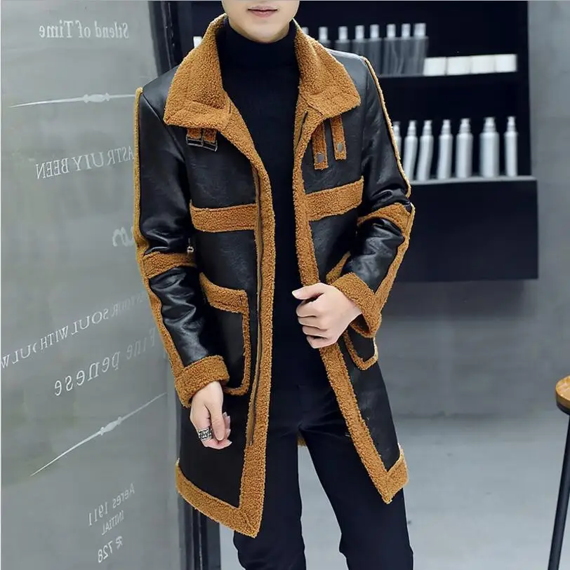 

2019 men clothing hair stylist GD fashion Autumn Winter medium length fur coat thick leather jacket singer costumes