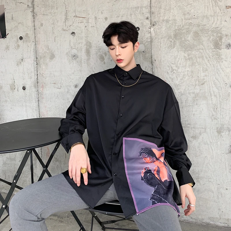 

Men's Shirt 2019 Four Seasons Suitable for New Characters Print Loose Casual Long Sleeve Slim Personality Youth Menswear