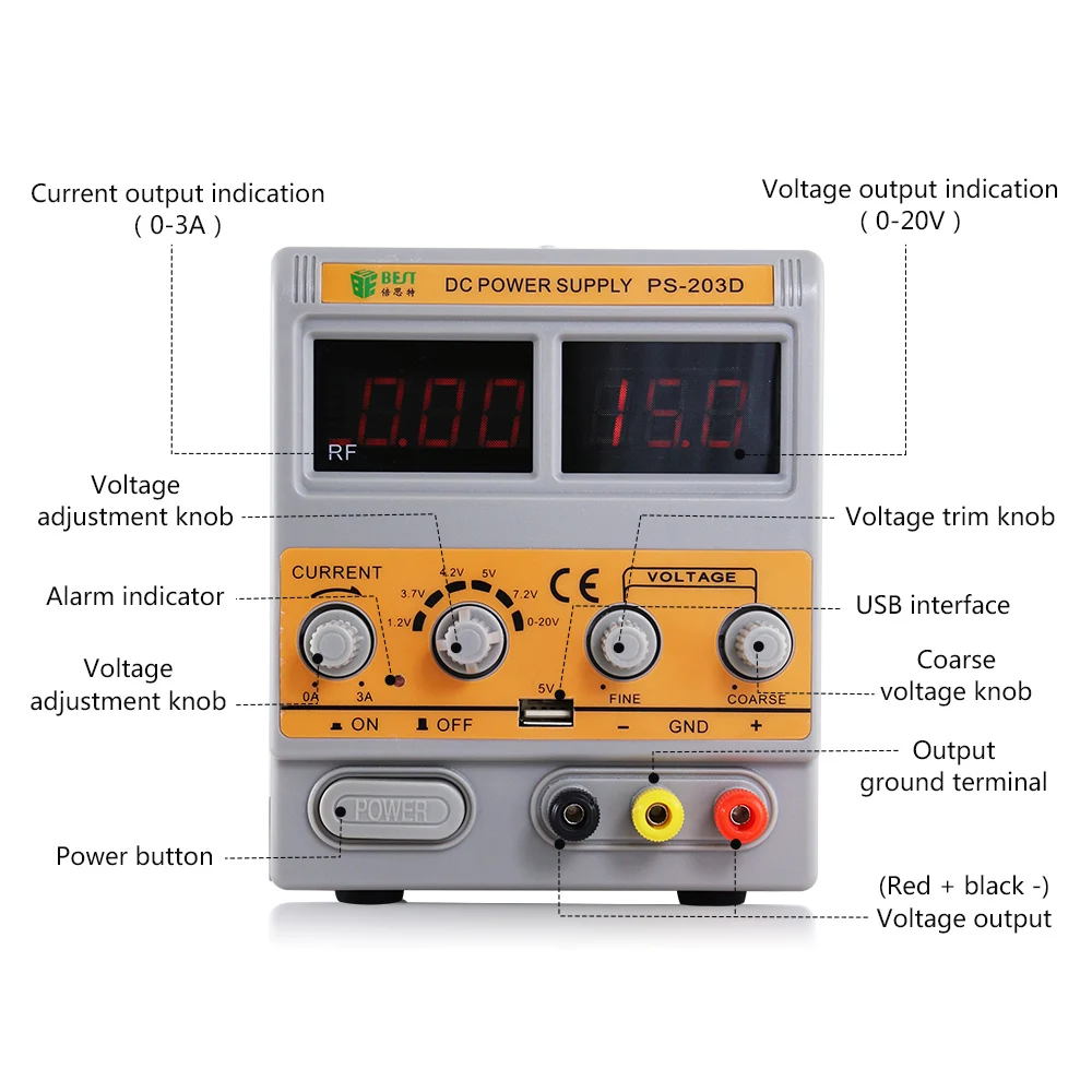 BEST PS-203D 0-20V 0-3A Adjustable DC Power Supply W/ GSM Signal Detection for Mobile Phone Maintenance Repair Power Supply