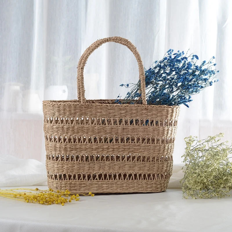 

Woven Straw Bag Women Handbags Handmade Ladies Beach Picnic Basket Bag Travel Tote Hollow Out Holiday Bohemian Rattan Bag