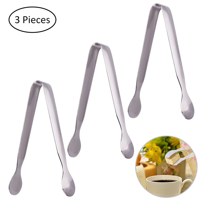

3PC Stainless Steel Mini Sugar Ice Salad Food BBQ Cookie Lemon Fruit Handle Clip Tongs for Tea Breakfast Party Outdoor Activity