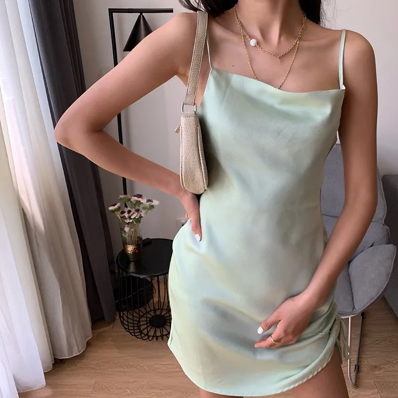 

2019 Summer Fashion Sleeveless Spaghetti Strap Dress Women Sexy Side Drawstring Slim Mini Dress Solid Beach Dress