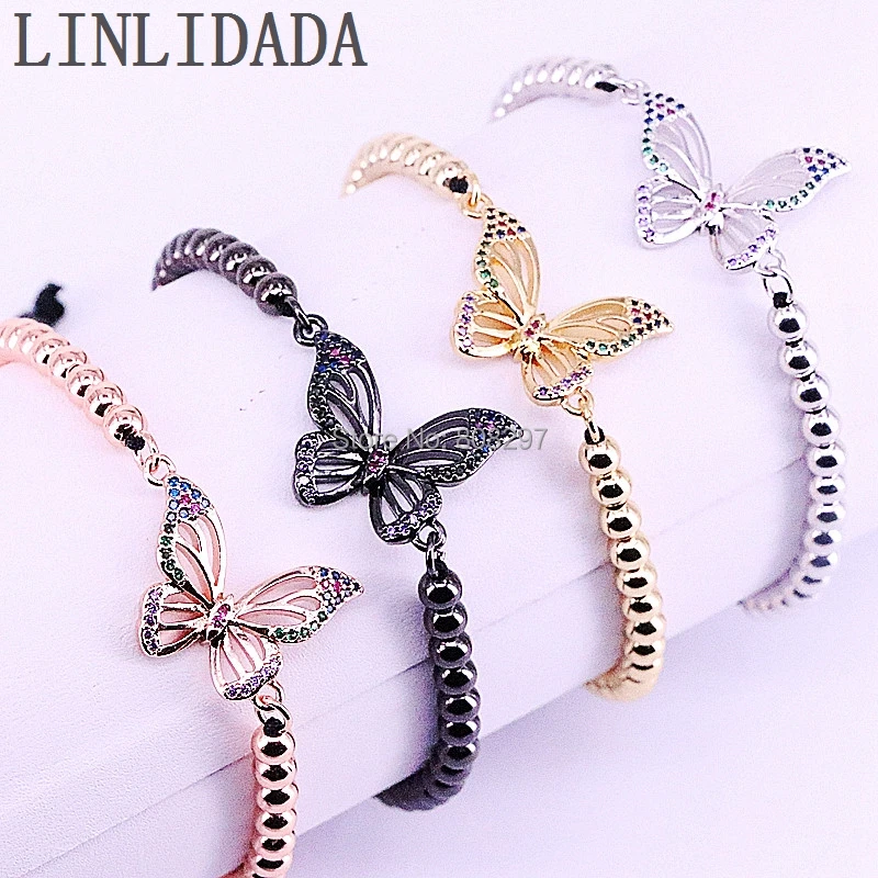 

10Pcs Fashion Women CZ Zircon Micro Pave Butterflys Bracelet in 4 colors with 4mm Round Beads Braiding Macrame Bracelets