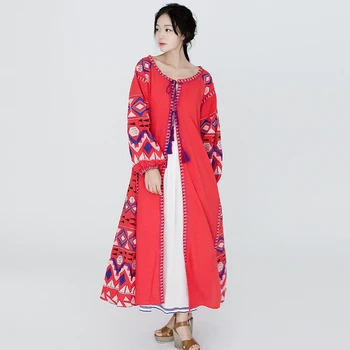 

Bohemian tourist resort beach exquisite embroidery tassel lantern sleeve seven-point sleeve loose size cardigan dress