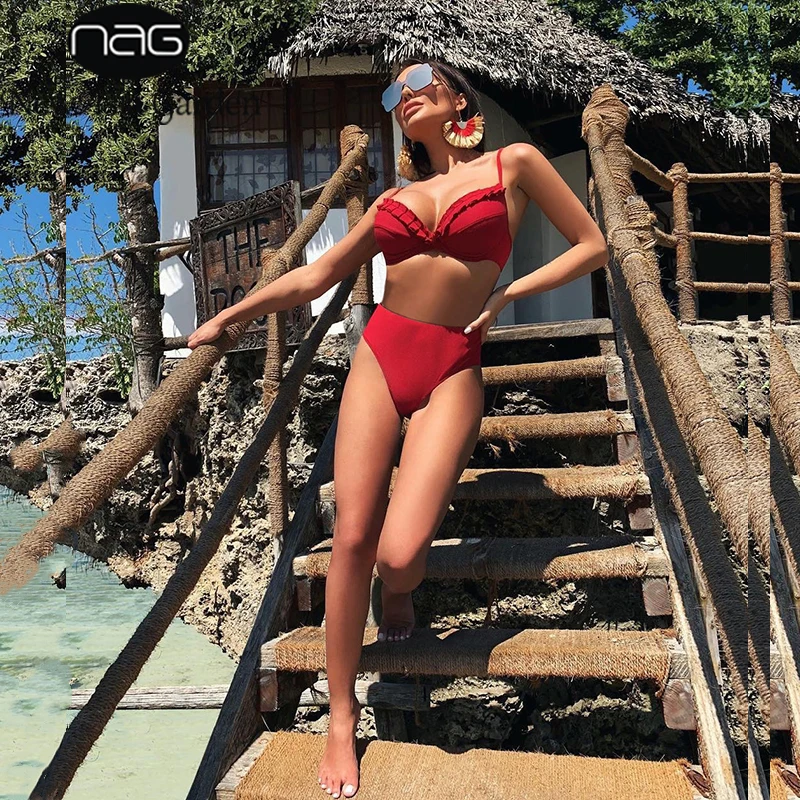 

NewAsia Red Sexy Bathing Suit Women Set Beachwear Two Piece Set Crop Top And Shorts 2 Piece Outfits Elegant Ruffle Beach Set