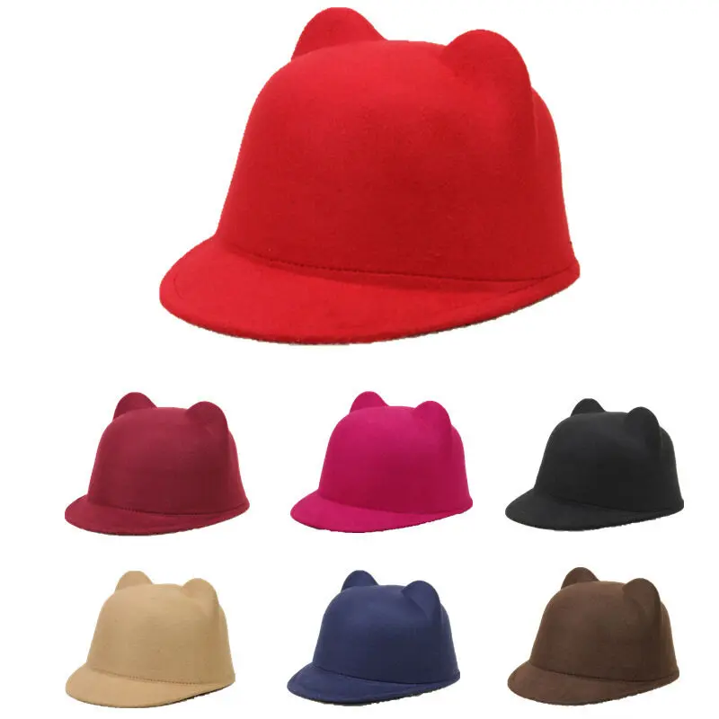 

Winter Fashion Womens Ladies Devil Hat Cute Cat Ears Wool Derby Bowler Caps Hot Black Wine Red Camel Red