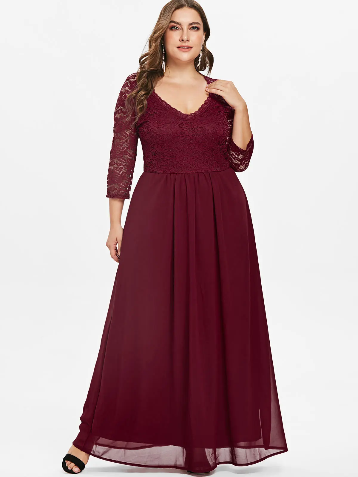 Wipalo Plus Size Sweetheart Neck Lace Panel Maxi Dress 5XL Women ...