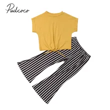 Г. бренд, От 2 до 7 лет, комплекты для маленьких девочек, желтые футболки с коротким рукавом и узлом, Топы+ Полосатые широкие длинные штаны, летняя одежда