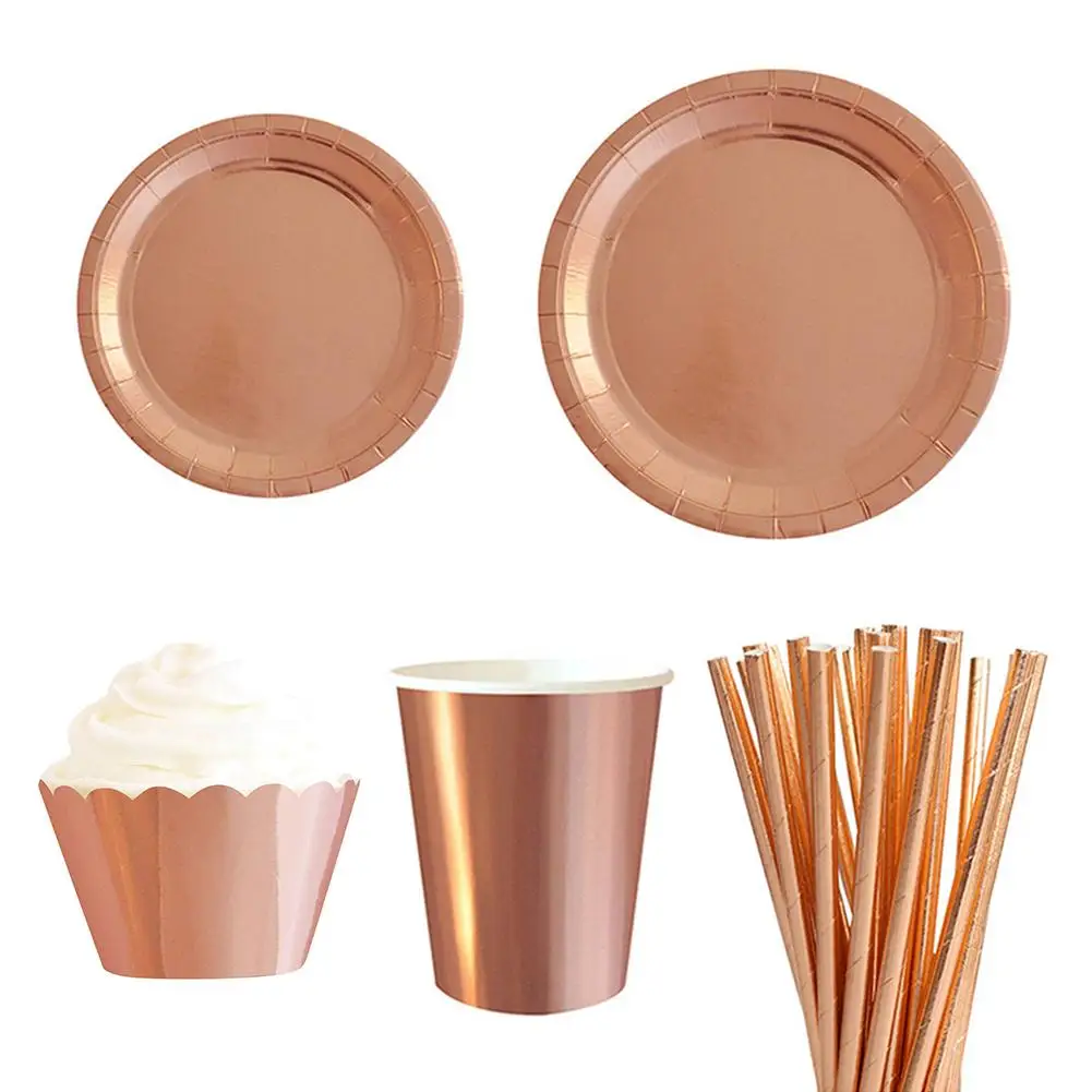 

8Pcs/Bag Gliding Plain Rose Gold Disposable Tableware Paper Tray Plates Cups Straw Cup Cake Wrapper Birthday Party Cutlery Set