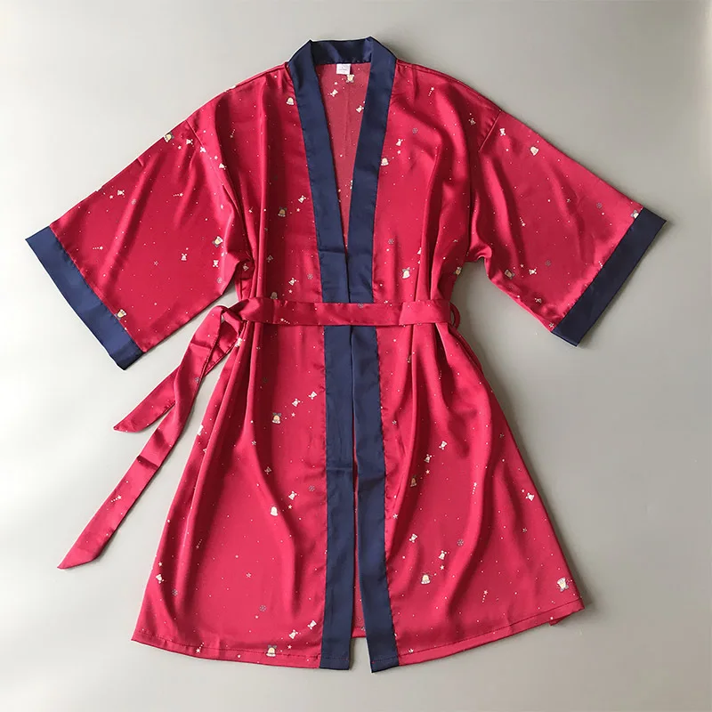 

Single Robe Cardigan Bathrobe with Belt Cartoon Cute Red Color Bride Nightgown Lace Design Comfortable Sexy Cute Silk Kimono