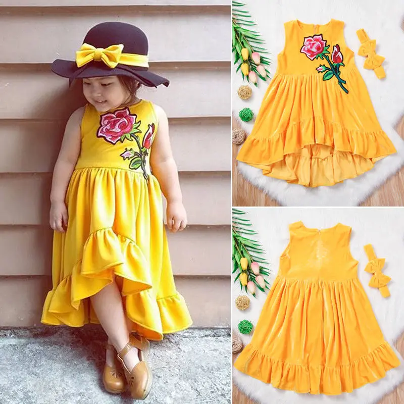 

PUDCOCO Newest Baby Girl Kids Party Floral Tutu Dress +Headband Velvet Ruffle Sleeveless Pop Dresses Summer Yellow Outfit Set