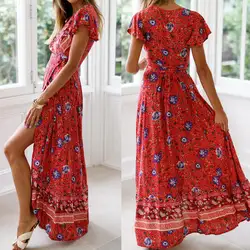 2019 летнее женское платье с цветочным принтом Boho Long maвечерние XI Party Sexy V Neck split flower dress женское пляжное платье новое