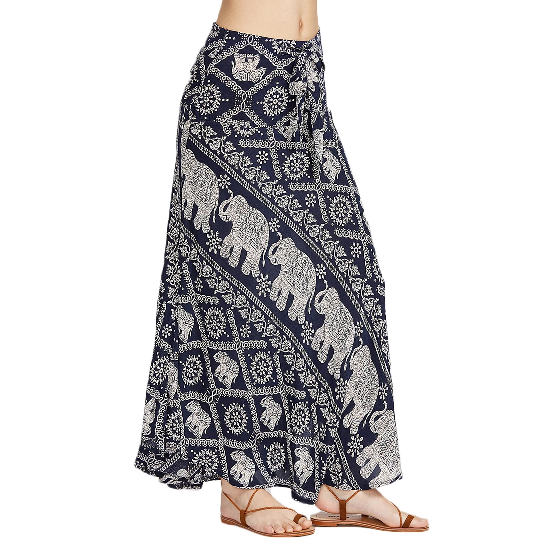 

Fashion Women Bohemia Casual Elephant Print Maxi Skirt Summer Ladies Loose Pleated Long Skirt Ethnic Holiday