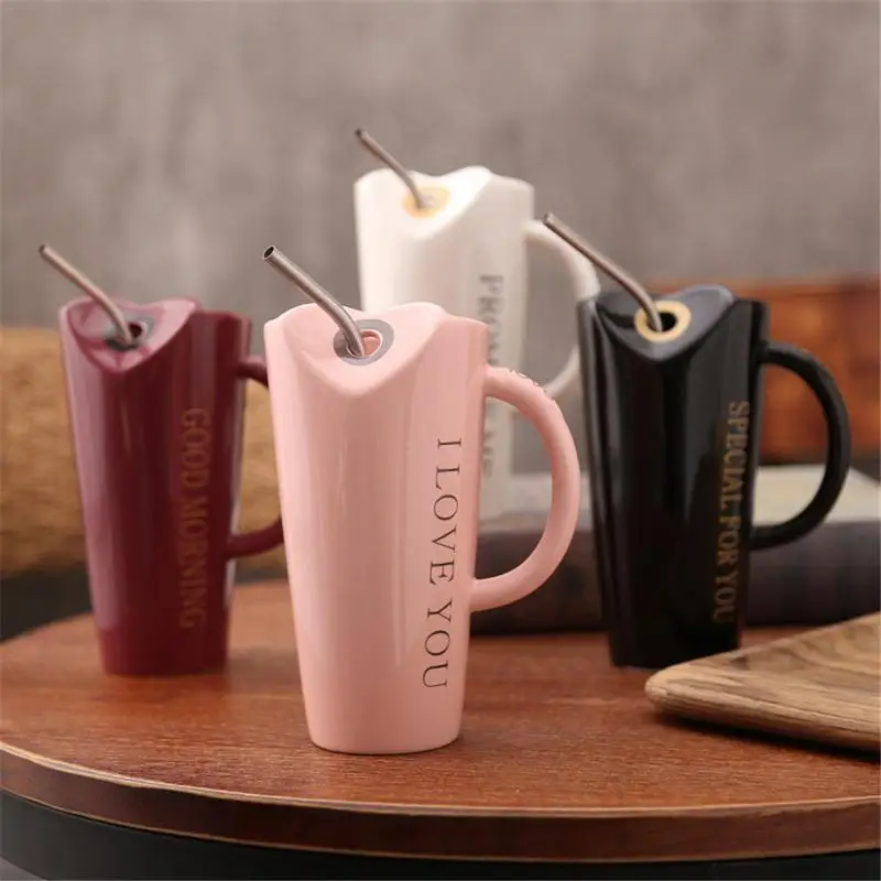 

480ML Creative Ceramic Cup With Straw Milk Juice Lemon Mug Coffee Tea Cup Home Office Drinkware Unique Gift 4 Colors
