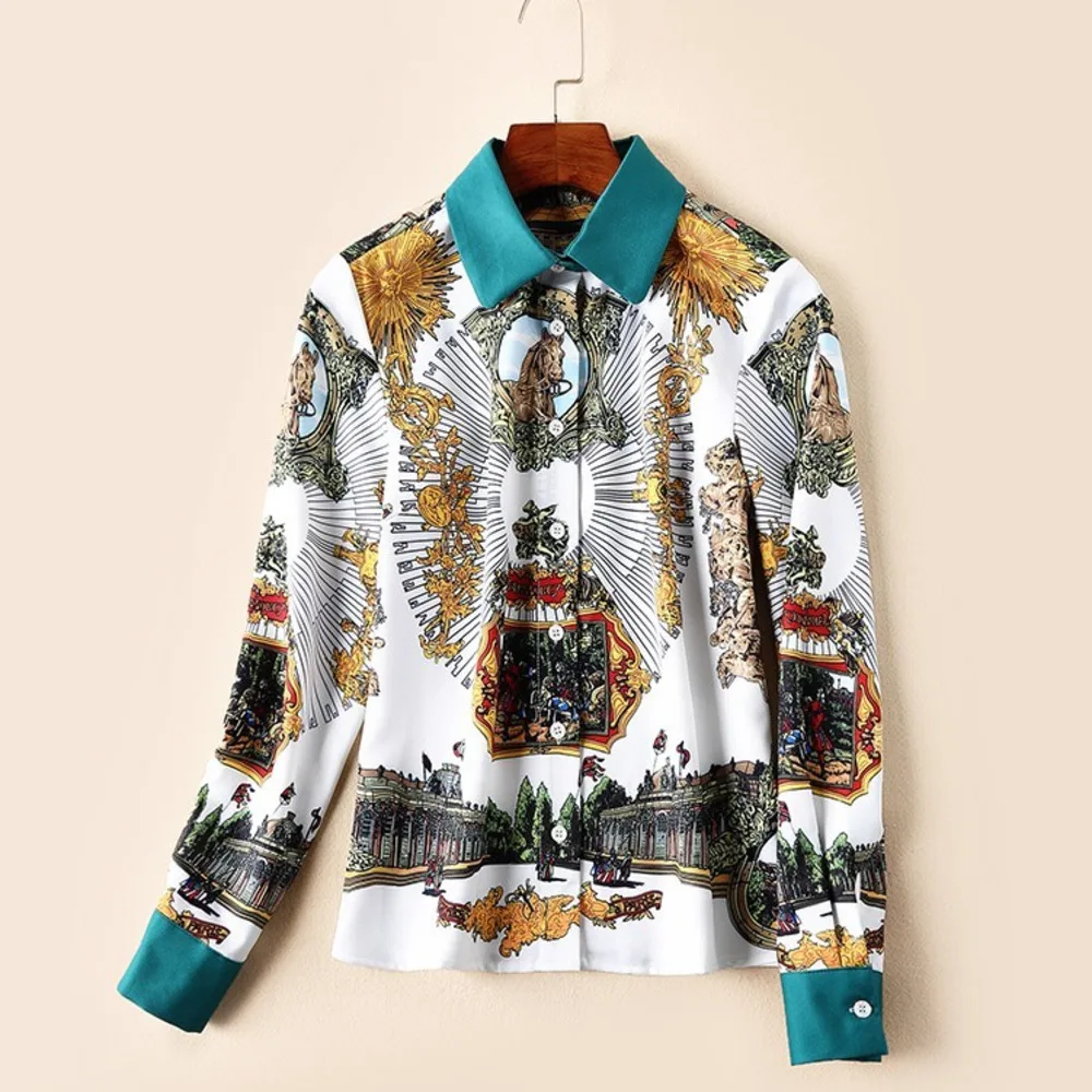 

Women Blouses And Tops 2019 Summer Horses Totem Print Runway Long Sleeve Shirt Ladies Green Collar Elegant Vintage Office Shirts