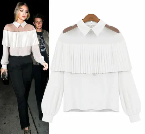 

Fashion white blouse Women Lady peter pan collar Shirt Frilly Ruffle shirt Tops Flounce Blouse Clothes