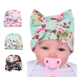 Милый Новорожденный ребенок младенец, девочка, малыш удобный бант Больничная шапочка цветочный шапочка шляпа цветы хлопок шляпа для