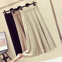 Плиссированная повседневная юбка стиль преппи, Одноцветный по щиколотку с завышенной талией Осень