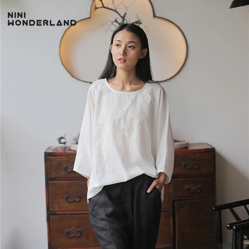 NINI WONDERLAND летние свободные блузки из рами 2019 Женские однотонные Свободные