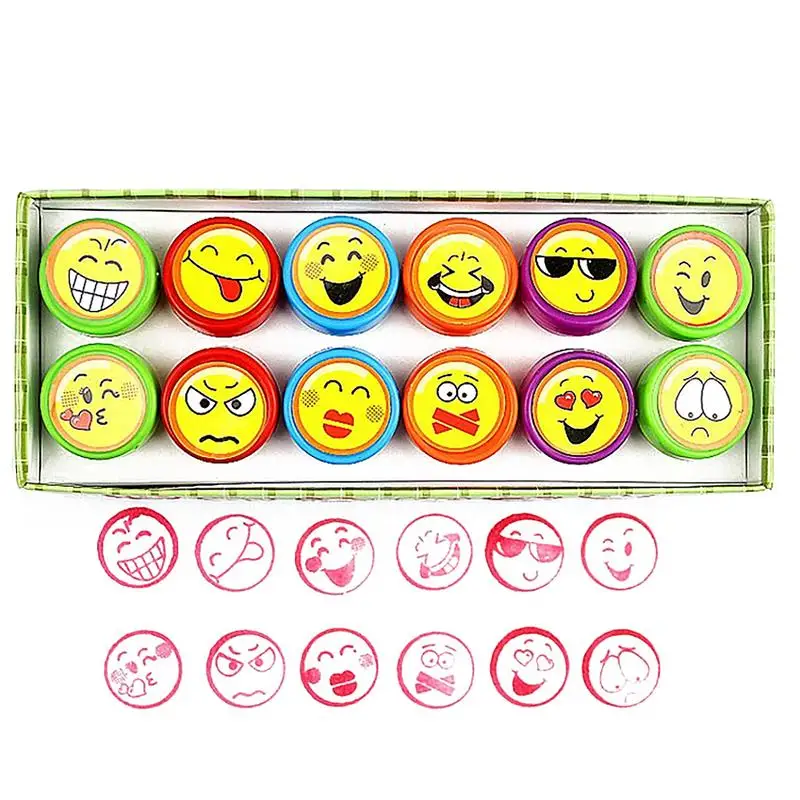 12PCS Children Toy Stamps Cartoon Smiling Face Emoji Kids Seal For Scrapbooking Stamper DIY Painting Photo Album Decor