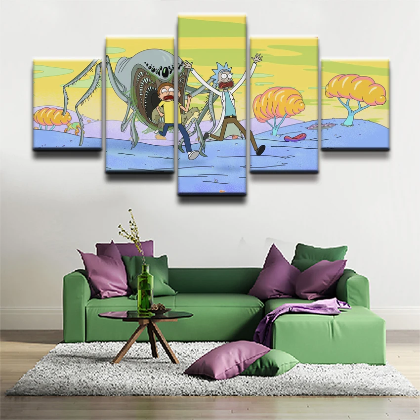 

Modern Decor Canvas Animated Science Fiction Comedy 5 Panel Rick And Morty Painting Modular Picture Wall Art Frame For Kids Room