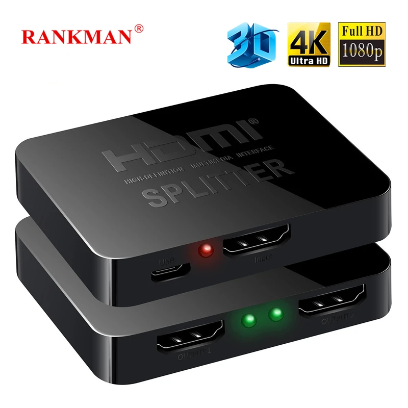 Rankman HDMI 4K Splitter 1x2 HDMI 1 in 2 Out Daul Display 1080P 3D Adapter Switcher for DVD HDTV Laptop Monitor Xbox Rankman HDMI 4K Splitter 1x2 HDMI 1 in 2 Out Daul Display 1080P 3D Adapter Switcher for DVD HDTV Laptop Monitor Xbox