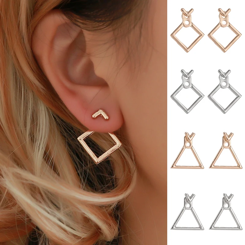 

Hot Sale Stud Earrings Creative Square Seaside Simple Minimalist Fashion Hollow Out 1Pair Silver Metal Golden Triangle Geometric
