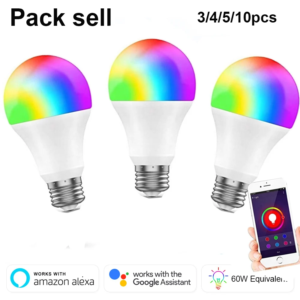 Упаковка Продажа E27 WiFi умная лампа RGB светодиодная работает с Alexa и Google Assistant 9W 800lm