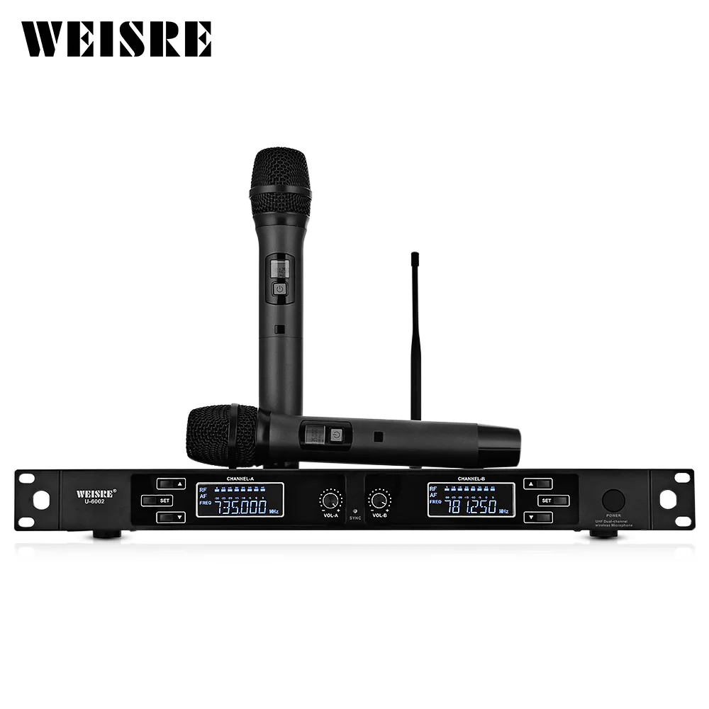 

WEISRE U - 6002 Wireless UHF Microphone System 2 Handheld Mic and LCD Receiver for Home KTV 2 Channels
