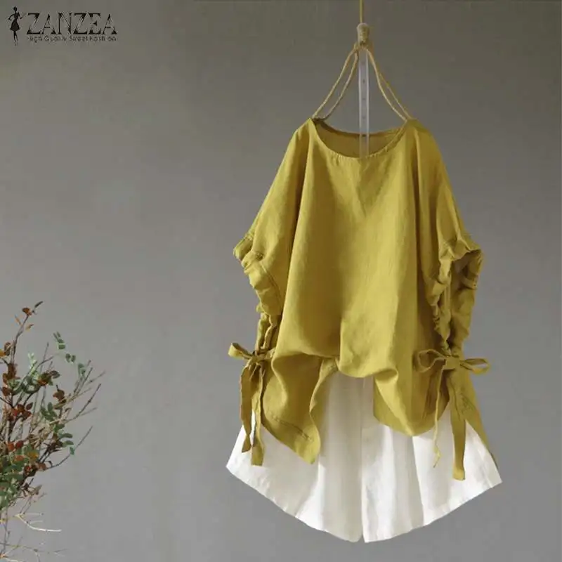 

2019 Women Cotton Linen Shirt ZANZEA Summer Vintage O Neck Batwing Sleeve Blouse Female Loose Solid Top Femininas Lace Up Blusas