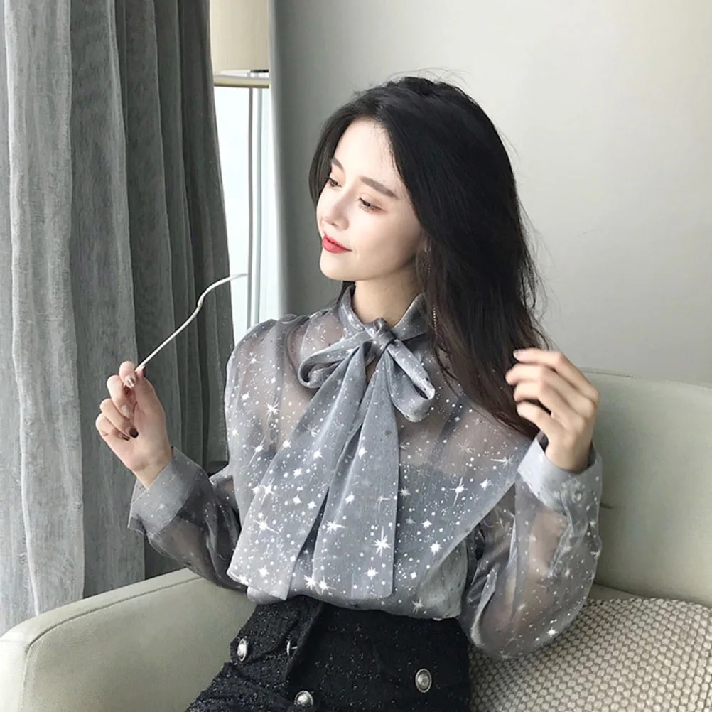  2019 New Ladies Shirts Shinning Star Bright Bow-Knot Blouse Lace Top Long Sleeves Shirt