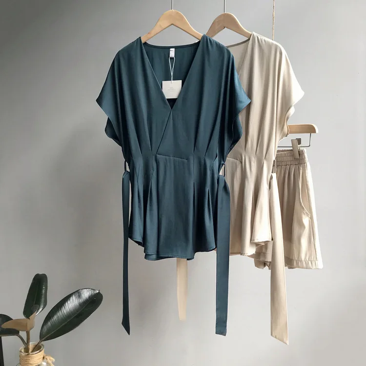 

Summer Shirts Shorts Two Piece Set Long Shirts Short Sleeve V Neck Tops And Wide Leg Shorts 2pc Set Outfit Suit