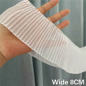 

8CM Wide White Pleated Chiffon Elastic 3D Lace Fabric Applique Guipure Ribbon Ruffle Trim For Curtains Garment Fold Sewing DIY