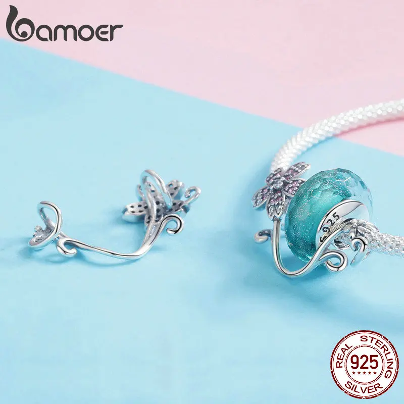BAMOER Hot Sale Authentic 925 Sterling Silver Sakura Cherry Flower Pendant Charms Fit Original Bracelets Jewelry Making SCC1033