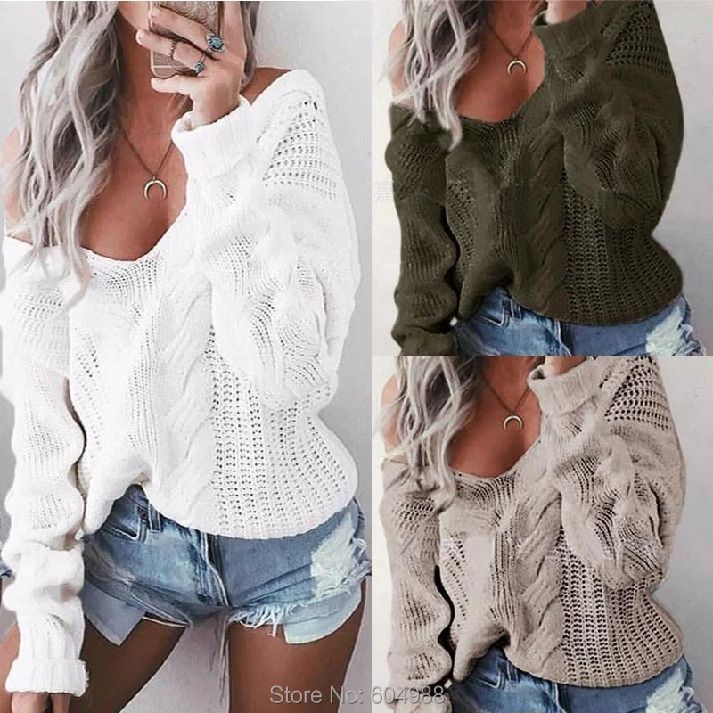 Sexy Women's V Neck Off Shoulder Knitwear Loose Knitted Sweaters Top | Женская одежда