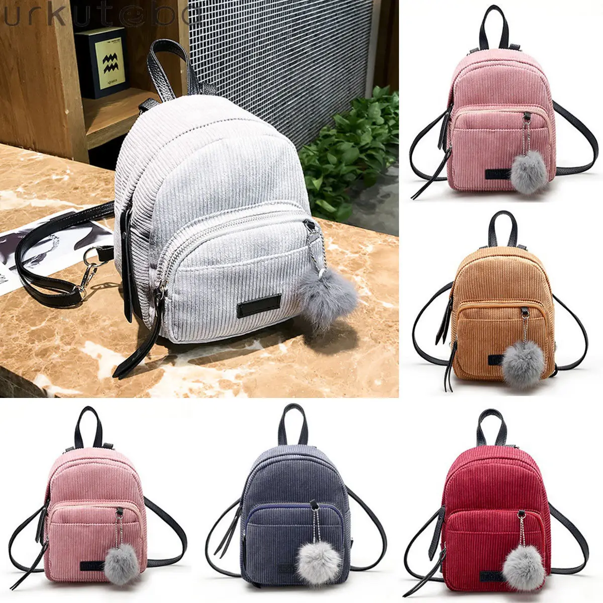 

AU Women Girls Travel Cute Zipper Mini Shoulder Bag Mochila Corduroy Backpack