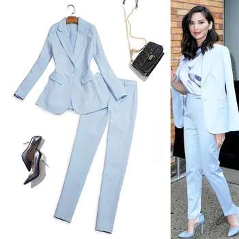 

Spring Autumn High Quality Pant Suits For Women Work Office Ladies Formal Business Wear Blue Pink Luxury Brand Blazer Pants Set