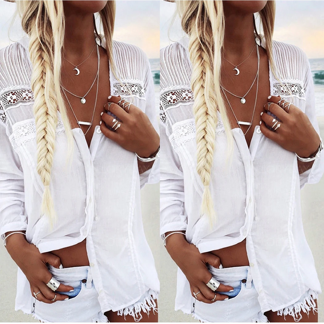 

Sexy Lace V-Neck Summer Tops 2019 New Women White Blouse Casual Long Sleeve Loose Patchwork Ladies Shirts Blusas Camisas Mujer