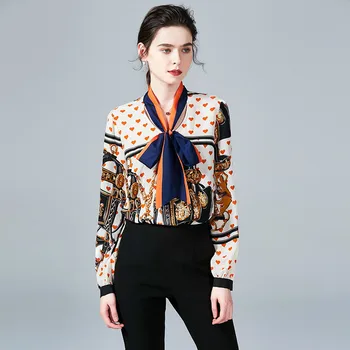 

Women Blouse Plus Size 2019 Summer Office Ladies Runway Long Sleeve Lace Up Tie Bow Vintage Print Heart Shirt Casual Chiffon Top