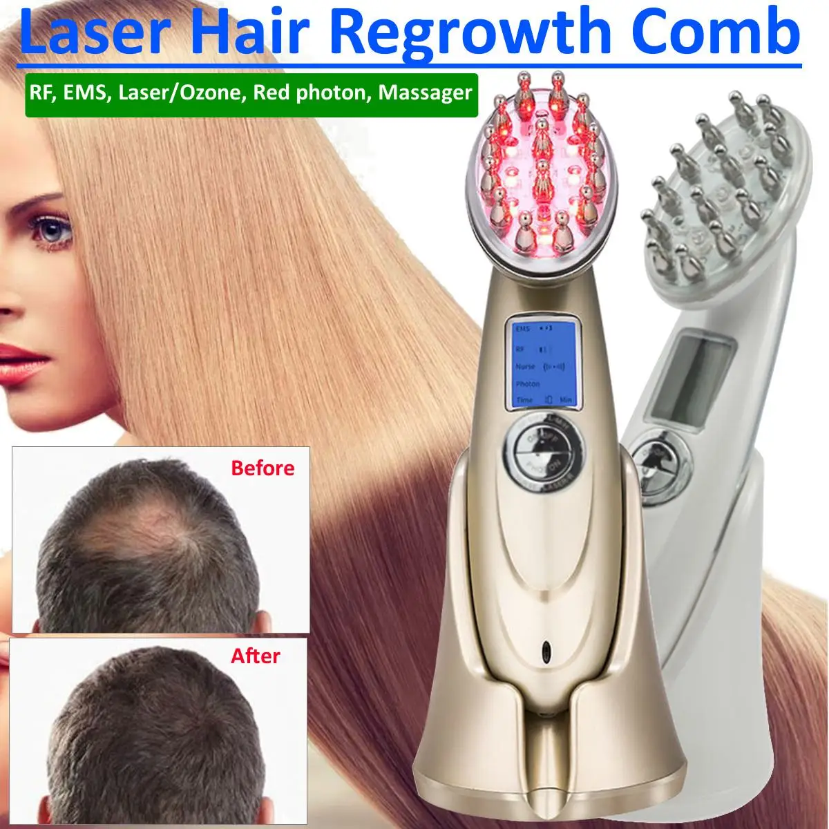 

EMS Microcurrent Photon Light RF Hair Loss Renewable Therapy Vibration Massage Scalp Laser Hair Growth Rechargeable Care Device