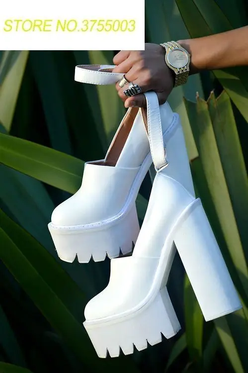 

2018 Hot High Platform Pumps White/Black Leather Ladies Ankle Buckle Super High Pumps Chunky Heel Mary Janes Fashion Party Shoes