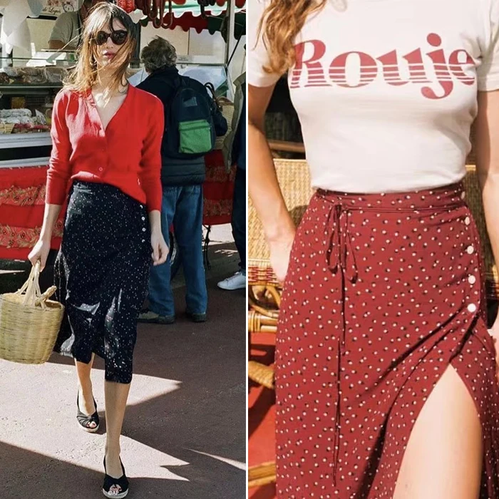 

2019 Paris niche retro wave print chiffon high waist mid-skirt loose belt side slit skirt