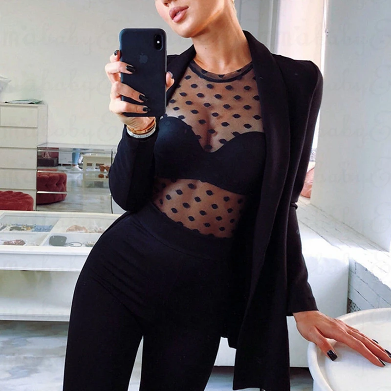 

Mesh Top Polka Dot T Shirt Women O Neck Long Sleeve T-Shirts Sexy Black Transparent Punk Style Streetwear Tees Beach Tops