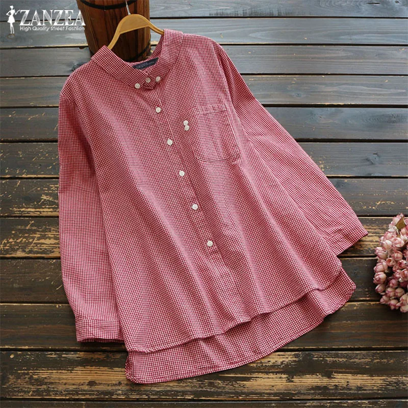 

Stylish Asymmetrical Shirts Women's Check Blouse 2019 ZANZEA Button Down Top Vintage Casual Long Sleeve Chemise Lapel Blusas 5XL