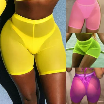 

Sexy Women High Waist Translucent Mesh Shorts Bikini Cover Up Sports Gym Beachwear Slim Shorts Jogging Hot