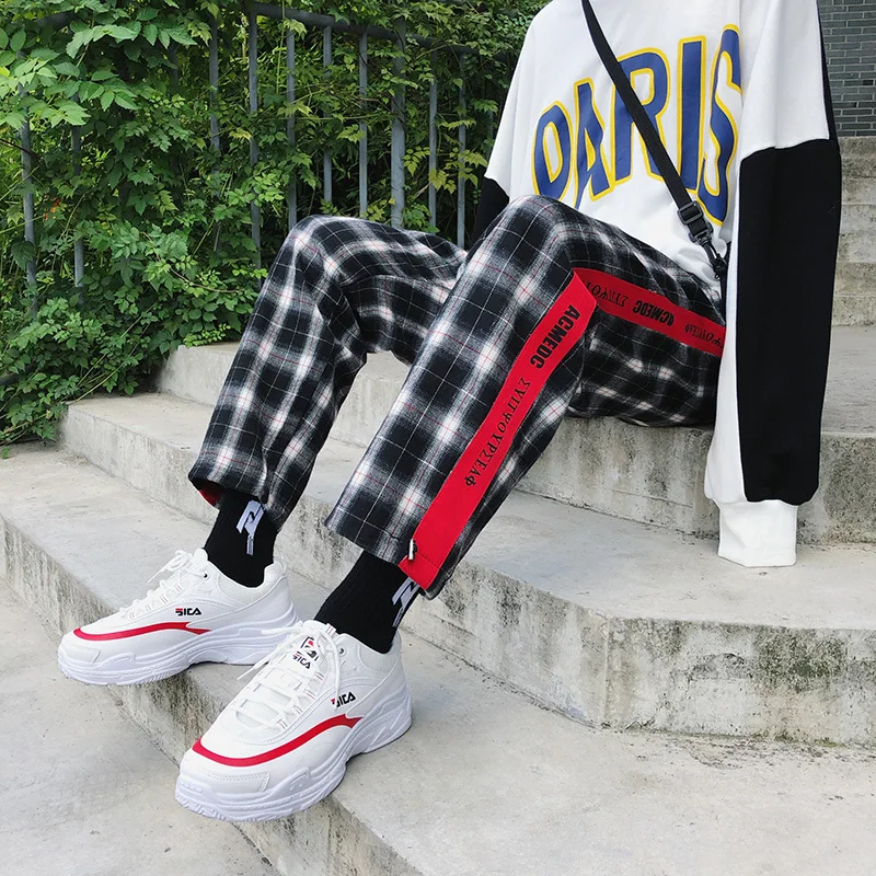 Men's Trousers19 Spring New Loose Plaid Pants Youth Popular Beam Feet Nine Pants Trousers Red Purple Youth Casual Men's Clothing