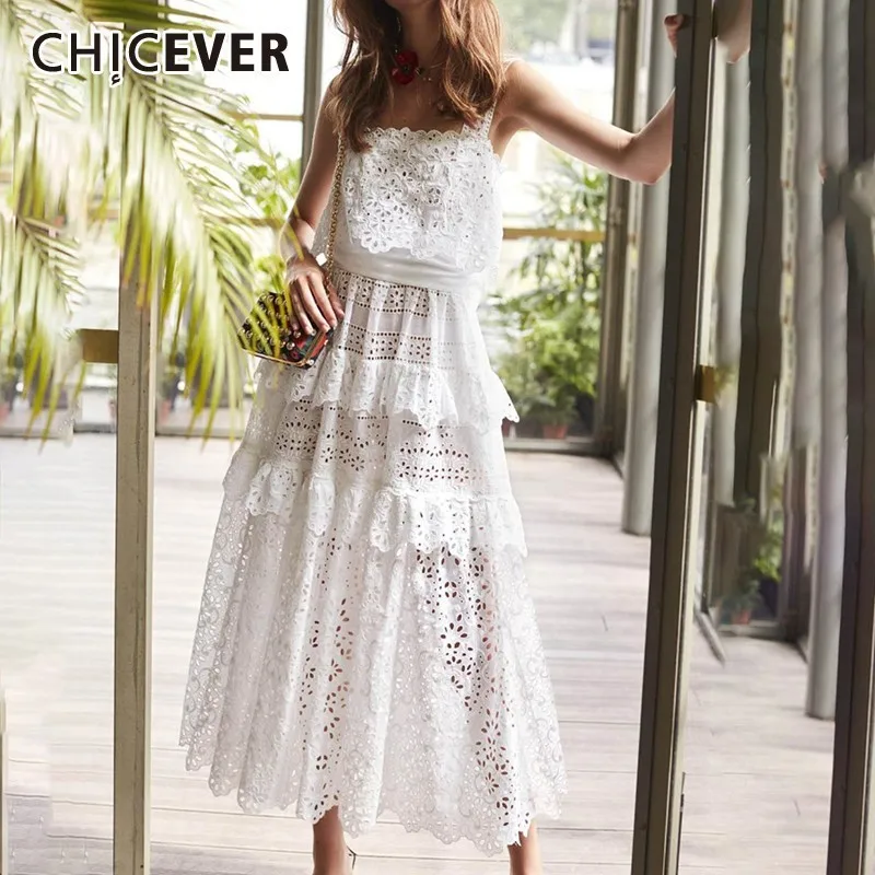 

CHICEVER Casual Off Shoulder Women Dress Strap Lace Patchwork Hollow Out High Waist Midi Dresses Female Summer Fashion 2019 New