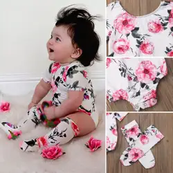 Комбинезон с короткими рукавами и цветочным принтом для новорожденных девочек, комбинезон, одежда, носки, наряды