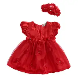 2018 Одежда для маленьких девочек платье сетчатая мочалка рукав цветок головные уборы принцессы красный Свадебная вечеринка Пышное Тюлевое