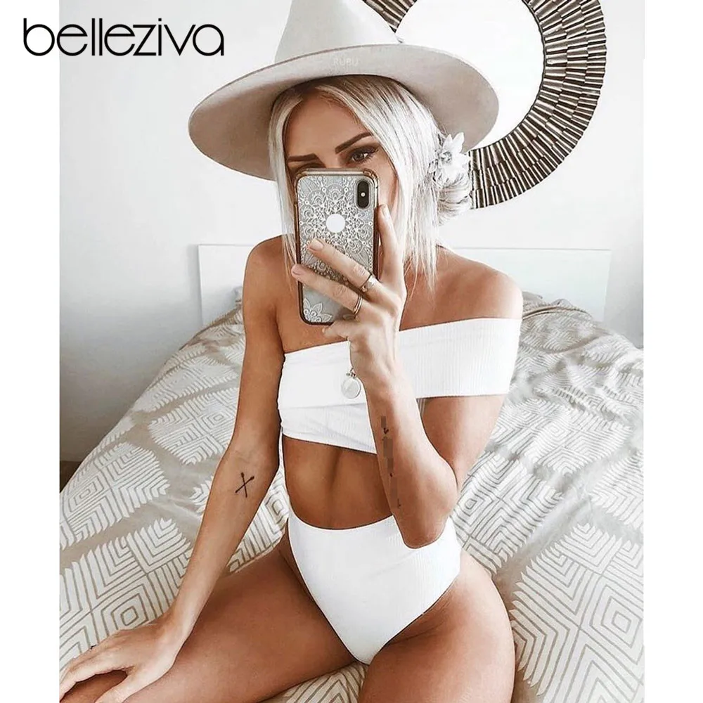 

Belleziva High Waist Bikini Sexy One Shoulder Off Bikini Set Women Swimsuit Solid Brazilian Biquini Swimwear Bathing Suits Femme